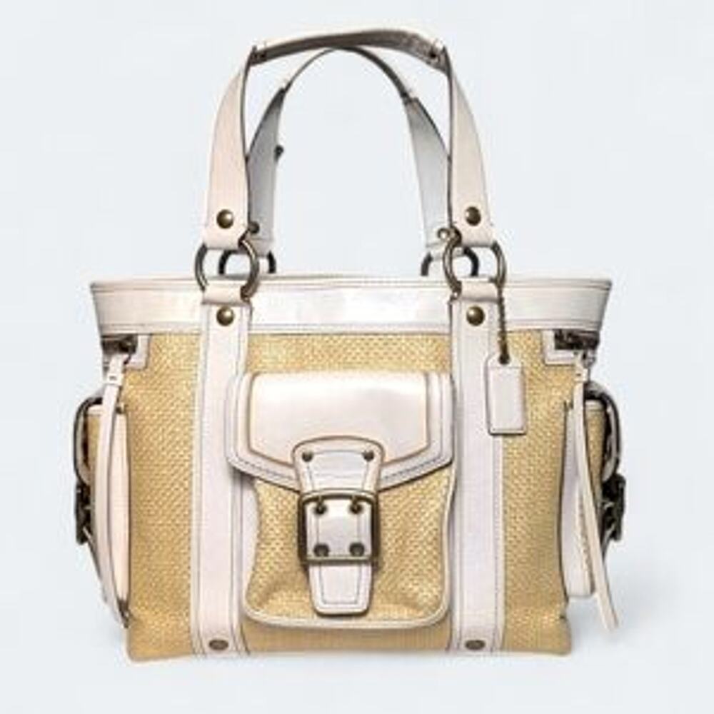 Coach Legacy Natural Straw & Leather Large Shoulder Tote Bag White Beige